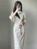 白色雪尼尔倒大袖旗袍2023秋季新中式改良年轻款少女国风裙子