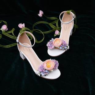 时装女鞋夏季一字式花朵优雅丝带清新田园森系粗中高跟女凉鞋