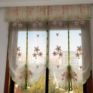 田园刺绣窗纱帘厨房窗帘罗马帘扇形提拉帘魔术贴阳台卧室隔断飘窗