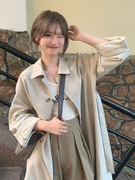 风衣外套女2023春秋米，白色系带高级感韩版中长款小个子大衣