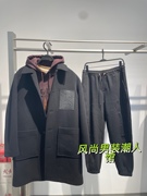 B1AAD4351 太平鸟男装2023冬季黑色时尚翻领毛呢大衣百搭保暖