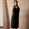 shiitake诗塔克设计师品牌黑色无袖腰部镂空吊带连衣裙纯色宽松腰
