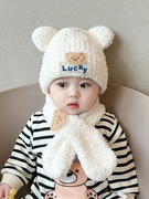 新生婴儿儿帽子秋冬季女宝毛绒保暖围巾两件套宝宝可爱防风加厚套
