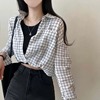 韩国chic春季设计感小众修身短款背心拼接假两件长袖格子衬衫上衣