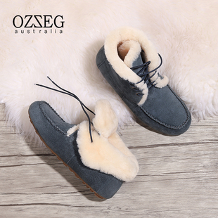 OZZEG澳泽格秋冬雪地靴女皮毛一体系带短靴加绒加厚保暖棉鞋