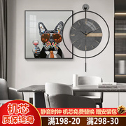 现代轻奢萌宠客厅餐厅装饰画带钟表沙发背景墙壁画铁艺组合表挂画