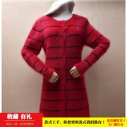 冬季加厚中长款ins长毛貂绒玫红色圆领条纹修身显瘦外套毛衣女74