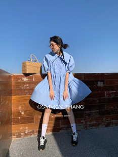 CZ ZHANG法式甜美娃娃领泡泡袖短袖衬衫连衣裙夏宽松压褶显瘦裙子