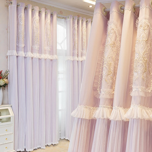 韩国出口公主绣花珍珠布纱一体卧室客厅窗帘粉色日式飘窗女生定制