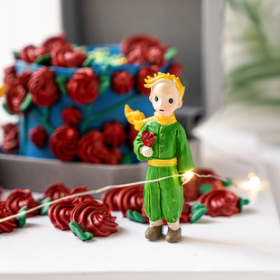 网红拿玫瑰花站立小王子，情景装扮生日蛋糕，装饰甜品台烘焙树脂摆件