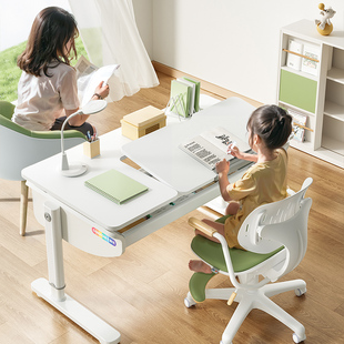 七色花月白桌家用桌椅简约实木可升降小学生，书桌儿童学习桌套装