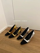 winsshoes韩系法式方头拼色金色，玛丽珍单鞋通勤鞋，职业高跟鞋银色