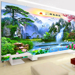 3d无纺布流水生财大型壁画5d客厅，沙发电视背景，墙壁山水风景墙布8d
