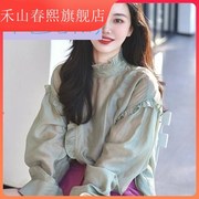 2022年早秋立领木耳边衬衫女设计感小众洋气时尚泡泡长袖上衣