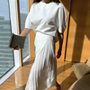 韩国chic法式优雅圆领五分泡泡，袖衬衫+高腰，侧边百褶半身裙长裙女
