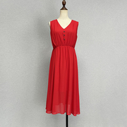 V领雪纺长款连衣裙红色简约气质夏季薄款橡筋腰过膝遮肚大摆长裙