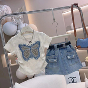 女童短袖T恤2024夏装美式立体蝴蝶结休闲两件套夏季儿童套装