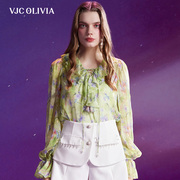 vjcolivia2024春夏法式绿色荷叶，边长袖碎花，减龄雪纺衫女装