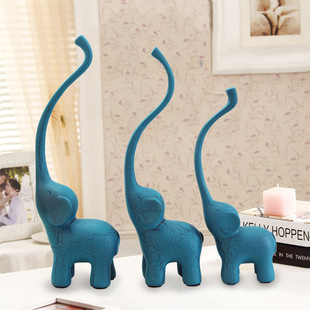 树脂工艺品 现代简约蓝色三只小象摆件 橱窗家居装饰品 创意