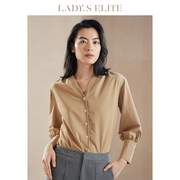 LadySElite/慕裁 驼色灯笼袖衬衫2023v领气质通勤法式上衣女