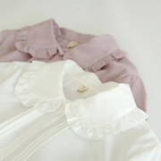 春秋小清新甜美白色长袖，衬衣娃娃领紫色风琴，褶内搭打底衬衫女
