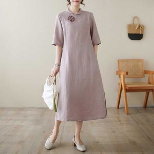 高货速发#新中式复古刺绣纯色，长款五分袖，亚麻连衣裙改良旗袍