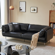 法式复古皮艺沙发现代极简小户型客厅网红中古直排双三人黑色沙发