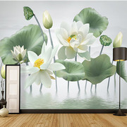 新中式白色莲花电视背景墙布5D水墨荷花沙发墙纸整张粉色荷花壁画