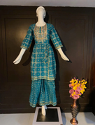 春装女印度服饰女刺绣印花民族印巴风连衣裙修身日常长裙丝绵蓝色