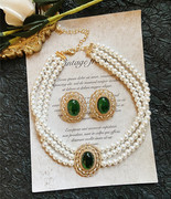 欧美vintage古董宫廷风复古气质，绿宝石珍珠多层项链短款颈链女