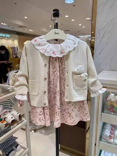韩国童装春女童宝绣花领娃娃粉色碎花，连衣裙白色玩偶毛衣