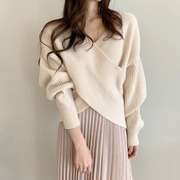 韩国chic秋季法式复古交叉V领蝙蝠袖宽松针织衫慵懒风套头毛衣女