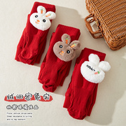 女童打底裤冬季中式红色兔子婴童棉羊羔绒加厚新年卡通宝宝连裤袜