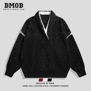 bmob美式高级感仿貂毛毛衣重磅，v领宽松潮牌设计感小众针织衫外套
