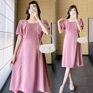 时尚韩版孕妇连衣裙夏季法式气质孕妇装显瘦方领短袖夏天裙子