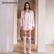 设计师EIMISMOSOL2024春季款女士粉色花朵缎面中长款纯色西装外套