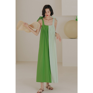 弥古海边度假连衣裙三亚沙滩裙绿色吊带长裙女夏雪纺法式宽松裙子
