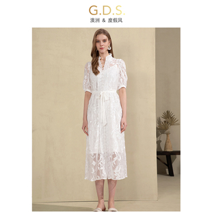 GDS澳洲品牌度假风法式白色蕾丝短袖连衣裙2024海边长裙女夏