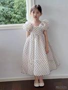女童24夏季甜美风连衣裙，小女孩韩版黑色波点方领泡泡，袖礼服裙