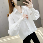 白色灯笼袖衬衫女宽松中长款韩版衬衣2022春秋泡泡袖气质上衣