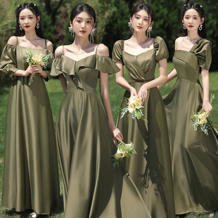 绿色伴娘服2024夏季缎面姐妹团礼服长裙闺蜜裙平时可穿高级感