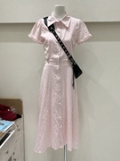 韩版夏季短袖甜美淑女，polo领十三行显瘦单排扣漏腰设计连衣裙单件