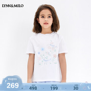 LYNNMILO琳麦罗女童2024夏季短袖 精梳棉精致可爱印花小鸟T恤