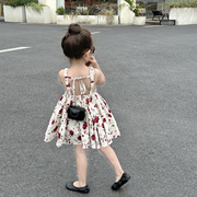 原创童装2023夏季女童复古玫瑰，度假连衣裙儿童，韩版吊带背心裙