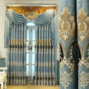 豪华客厅窗帘欧式高档雪尼尔遮光绣花窗帘卧室蓝色奢华窗纱帘定制
