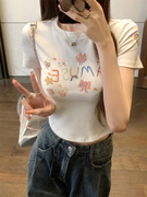 辣妹涂鸦印花短袖T恤女夏季2024设计感高腰紧身显瘦短款上衣