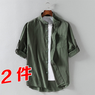 夏季中国风亚麻衬衫七分袖男士棉麻衬衣宽松中袖麻布料上衣军绿色