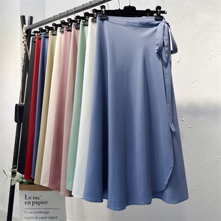 纯色高腰雪纺韩版系带一片式，半身裙中长款2023a字沙滩裹裙子
