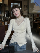 欧货羊毛针织衫2023冬季时尚小性感，拼蕾丝单排扣半高领修身打底衫