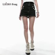 裂帛LIEBOFeng商场同款2024年新国潮高腰显瘦甜酷黑色牛仔短裤